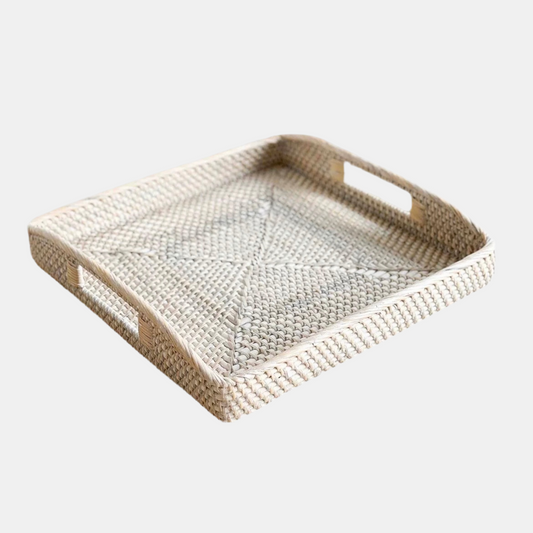 Square Whitewashed Rattan Tray