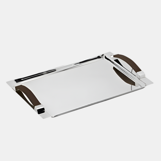 Edzard Stainless Steel Serving Tray with Faux Leather Handles