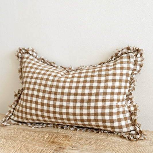 Millie Brown Gingham Feather Cushion (50x30cm)