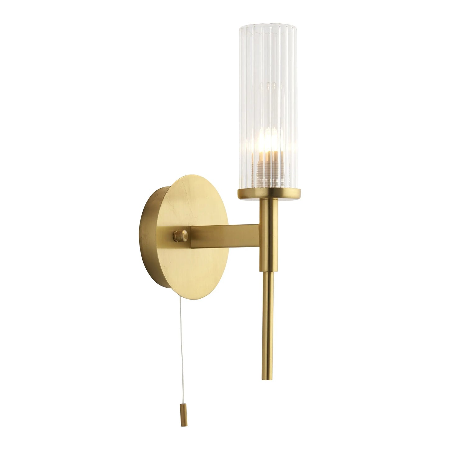 Gold wall sconce with a clear glass shade on a white background