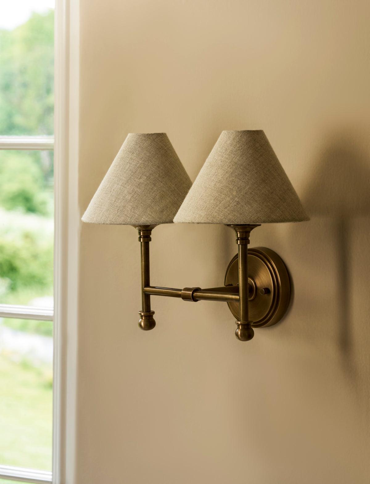 Kelmscot Wall Light - Iron & Linen, Antique Brass Finish, Double