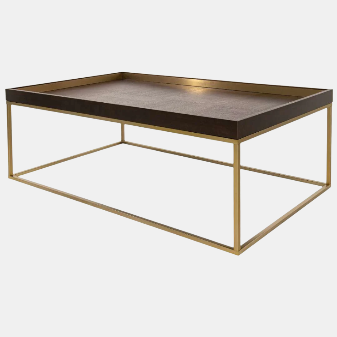 Coffee table with wooden top and gold metal frame on a white background