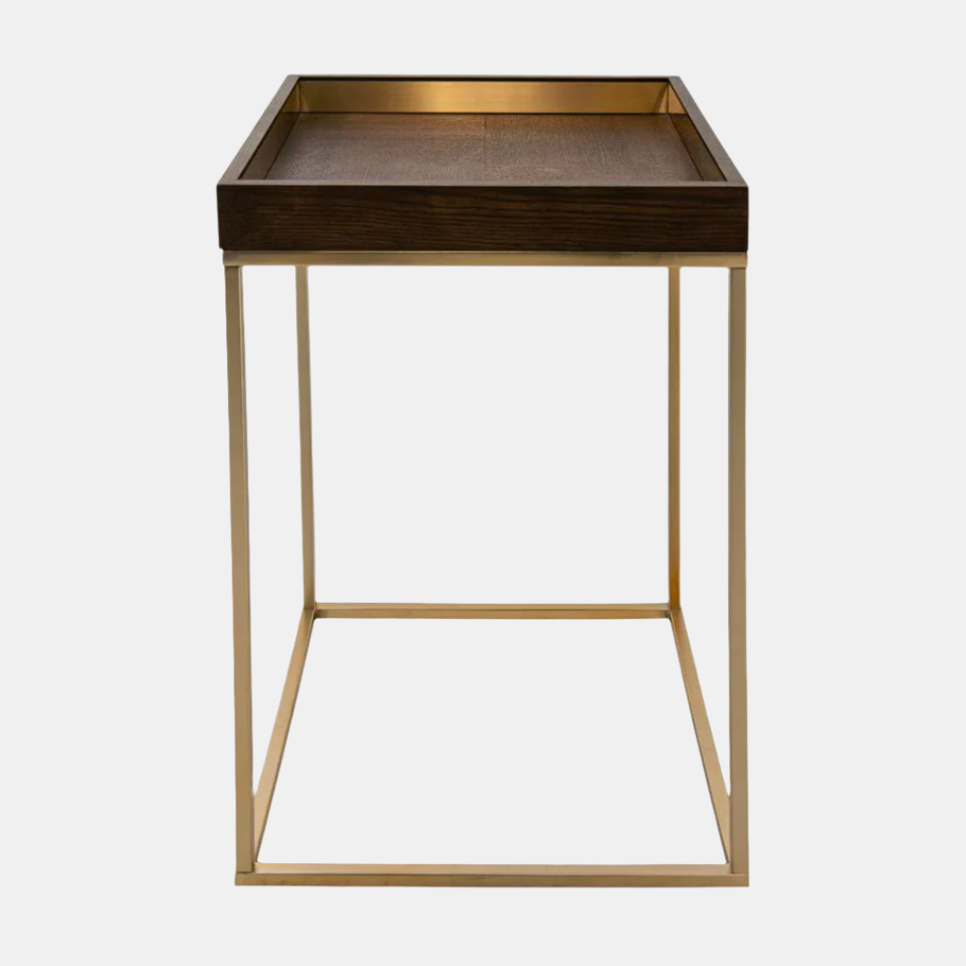 Small side table with a bronze tray top and gold metal frame on a white background