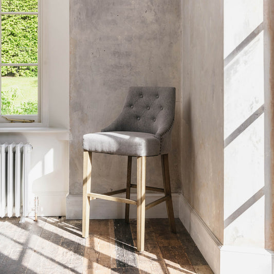 Wooden Bar Stool with Grey Upholstery