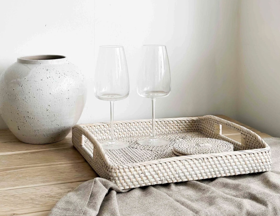 Square Whitewashed Rattan Tray