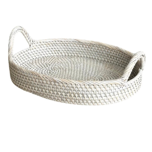 Oval Whitewashed Rattan Tray