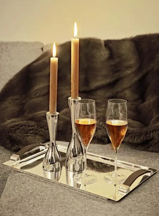Stainless Steel Serving Tray with Faux Leather Handles