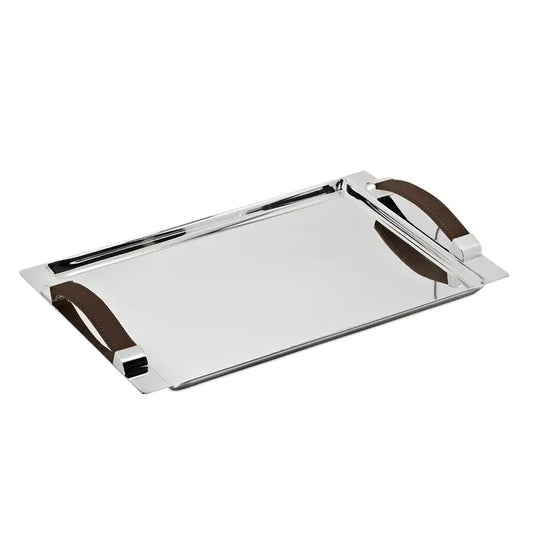Stainless Steel Serving Tray with Faux Leather Handles