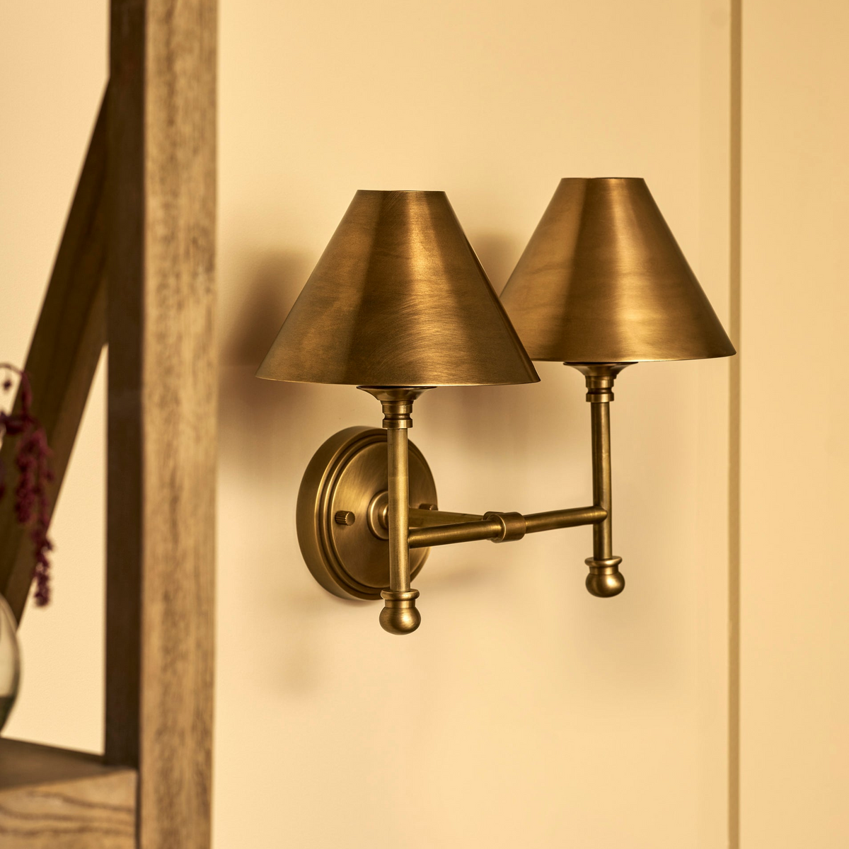 Kelmscot Wall Light - Iron & Brass, Antique Brass Finish, Double