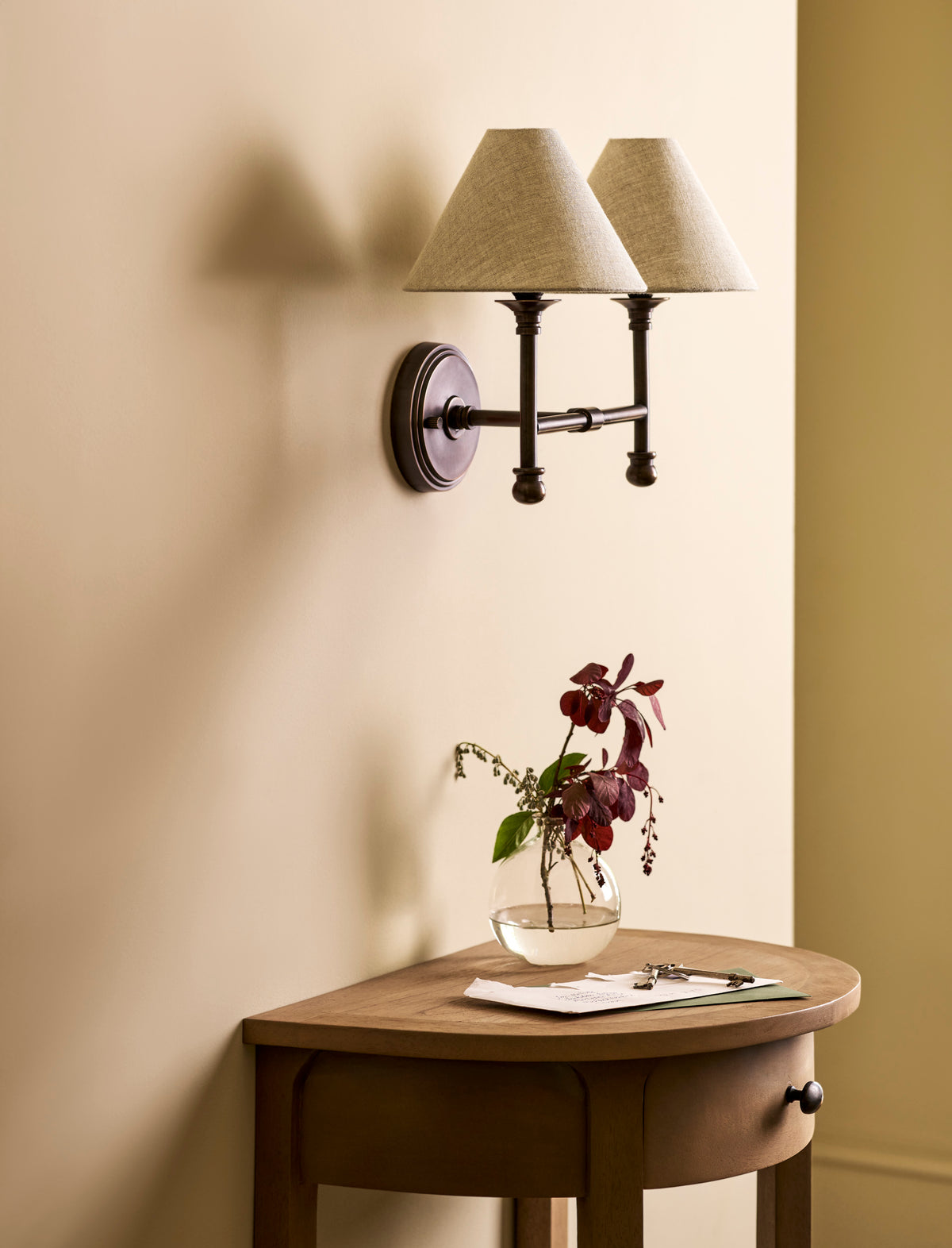 Kelmscot Wall Light - Brass & Linen, Antique Bronze Finish, Double