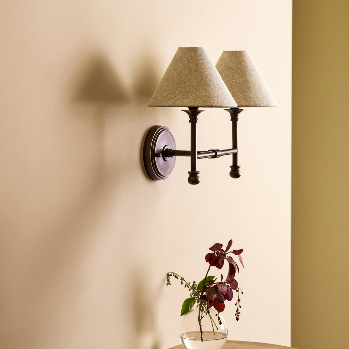 Kelmscot Wall Light - Brass & Linen, Antique Bronze Finish, Double