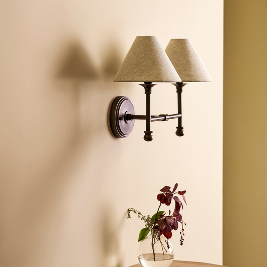 Kelmscot Wall Light - Brass & Linen, Antique Bronze Finish, Double