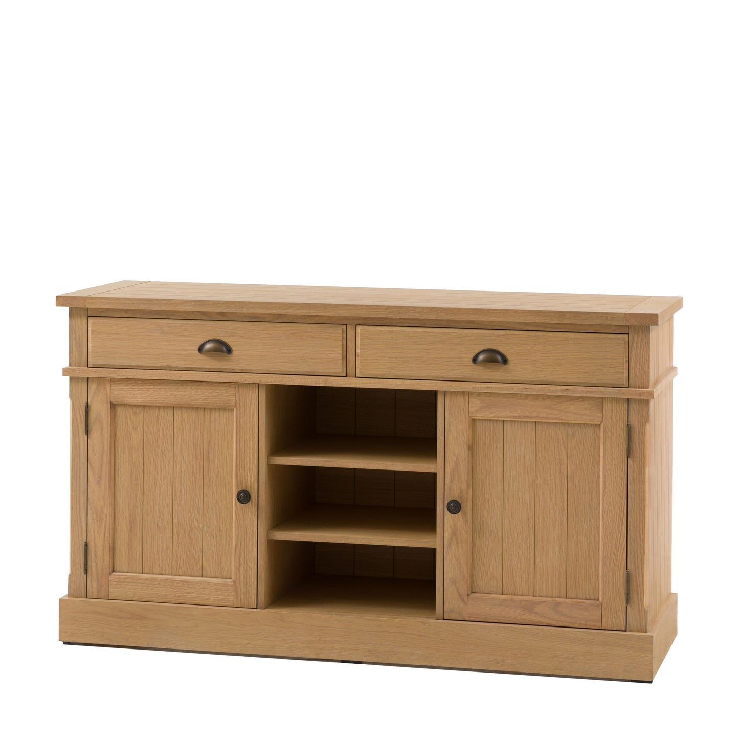 Wooden sideboard with two drawers and two doors on a white background
