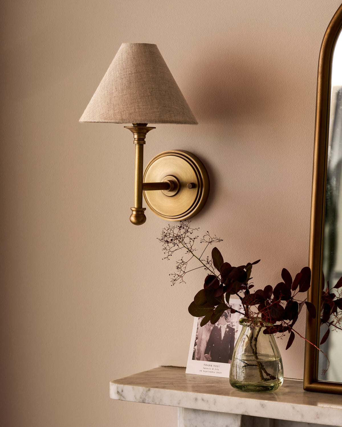 Kelmscot Wall Light Linen Shade - Brass, Antique Brass Finish