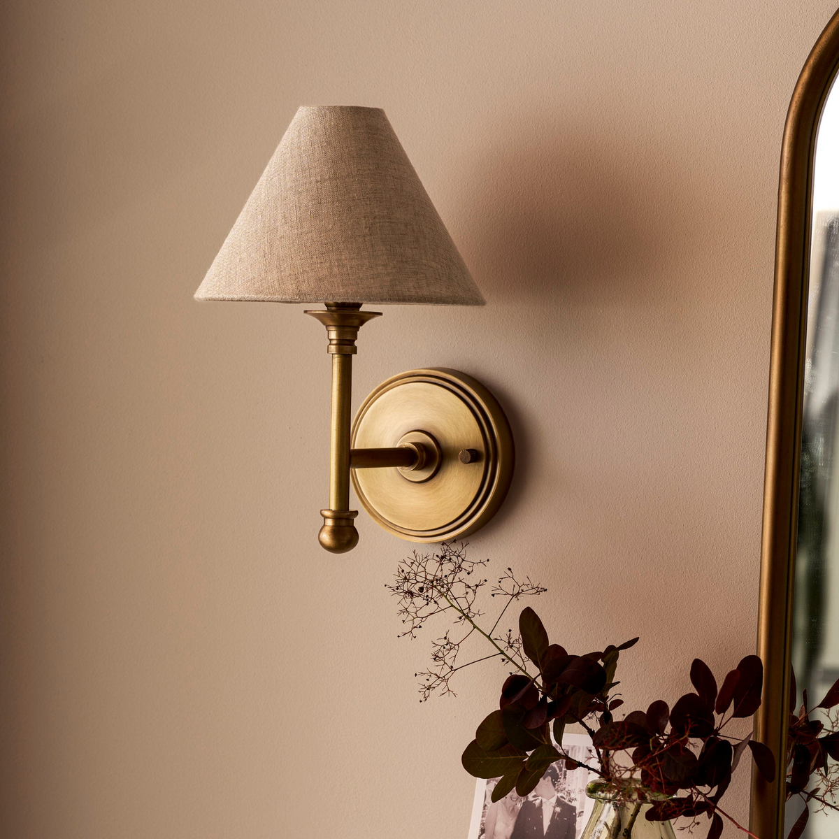 Kelmscot Wall Light Linen Shade - Brass, Antique Brass Finish
