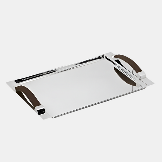 Stainless Steel Serving Tray with Faux Leather Handles