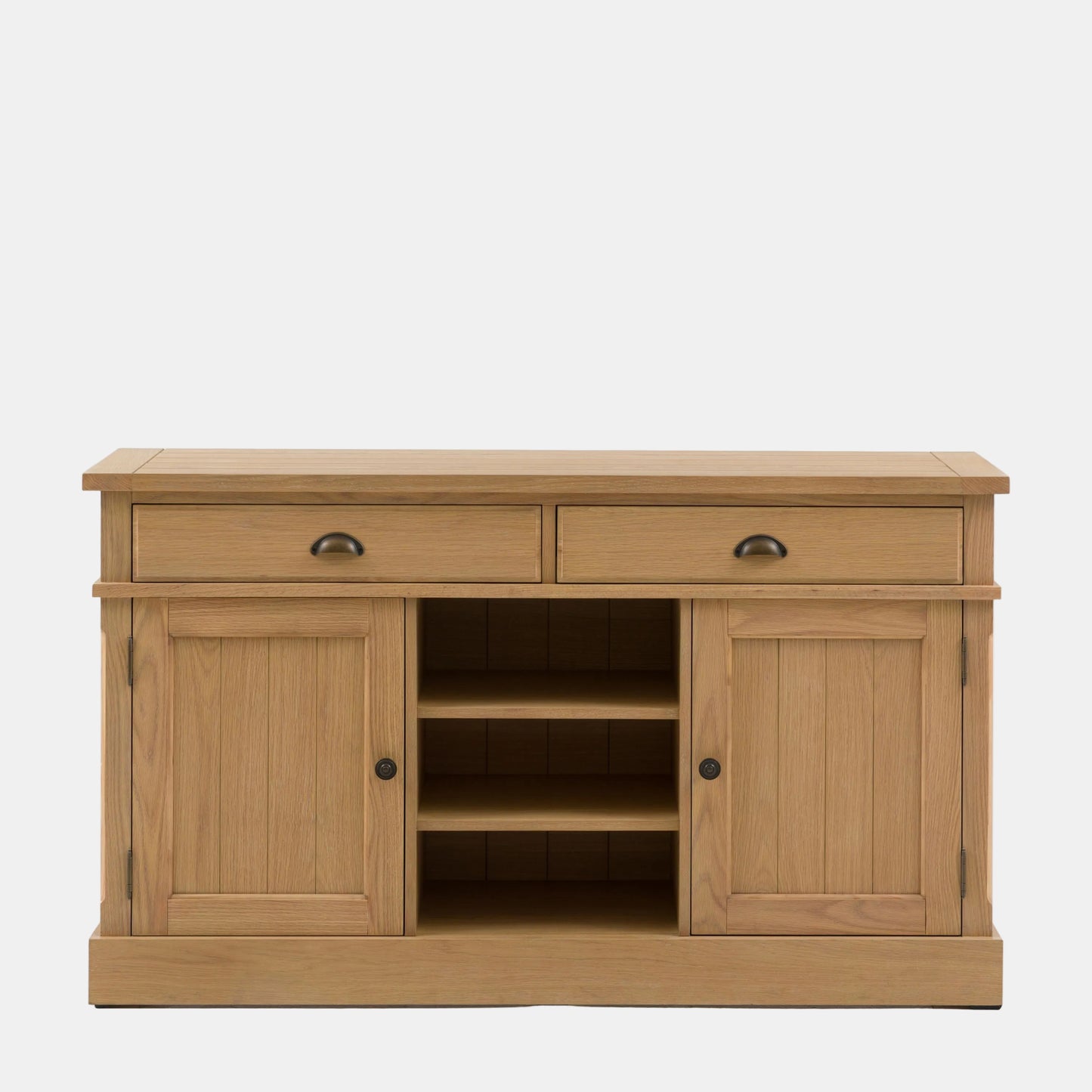 Wooden sideboard with two drawers and two doors on a white background