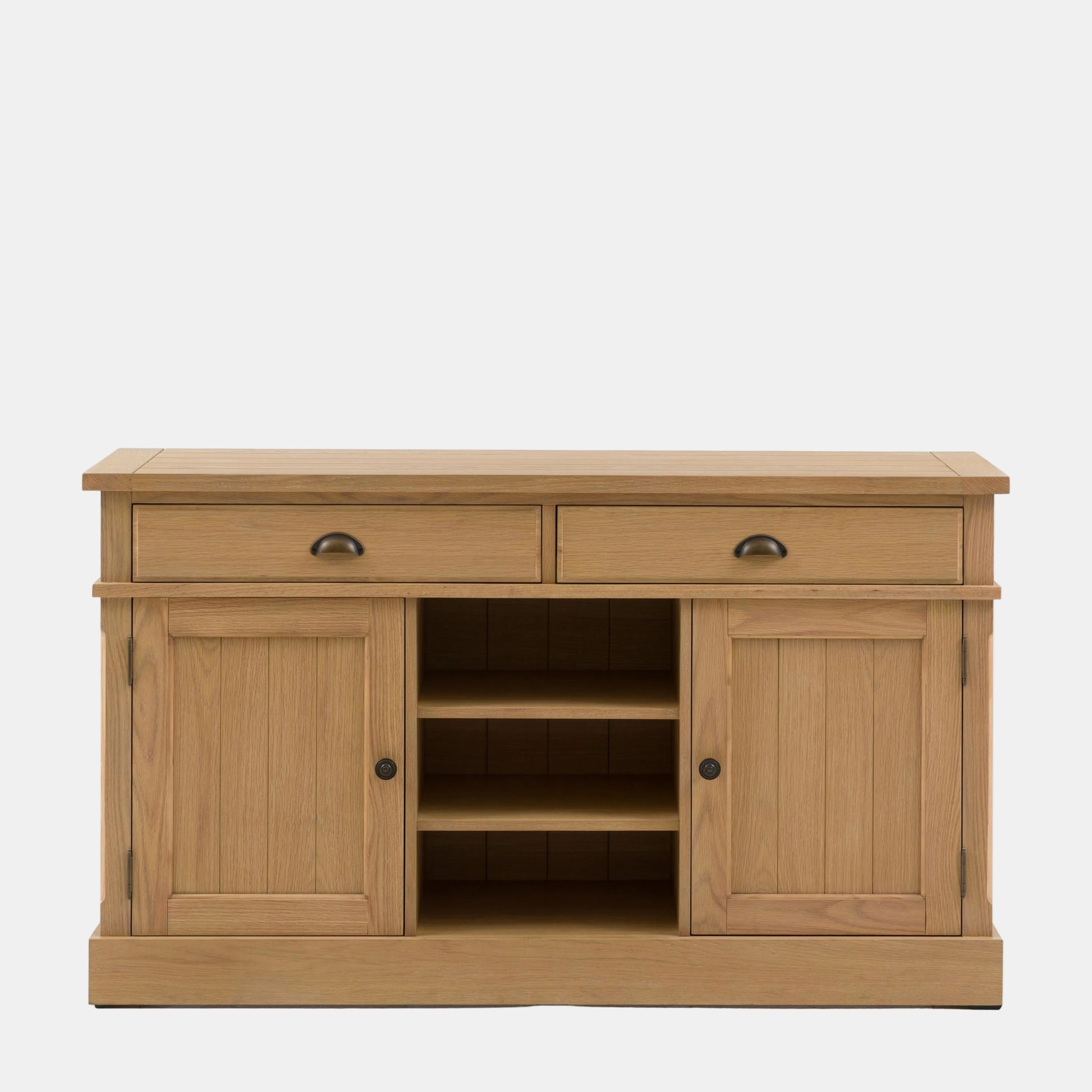 Wooden sideboard with two drawers and two doors on a white background