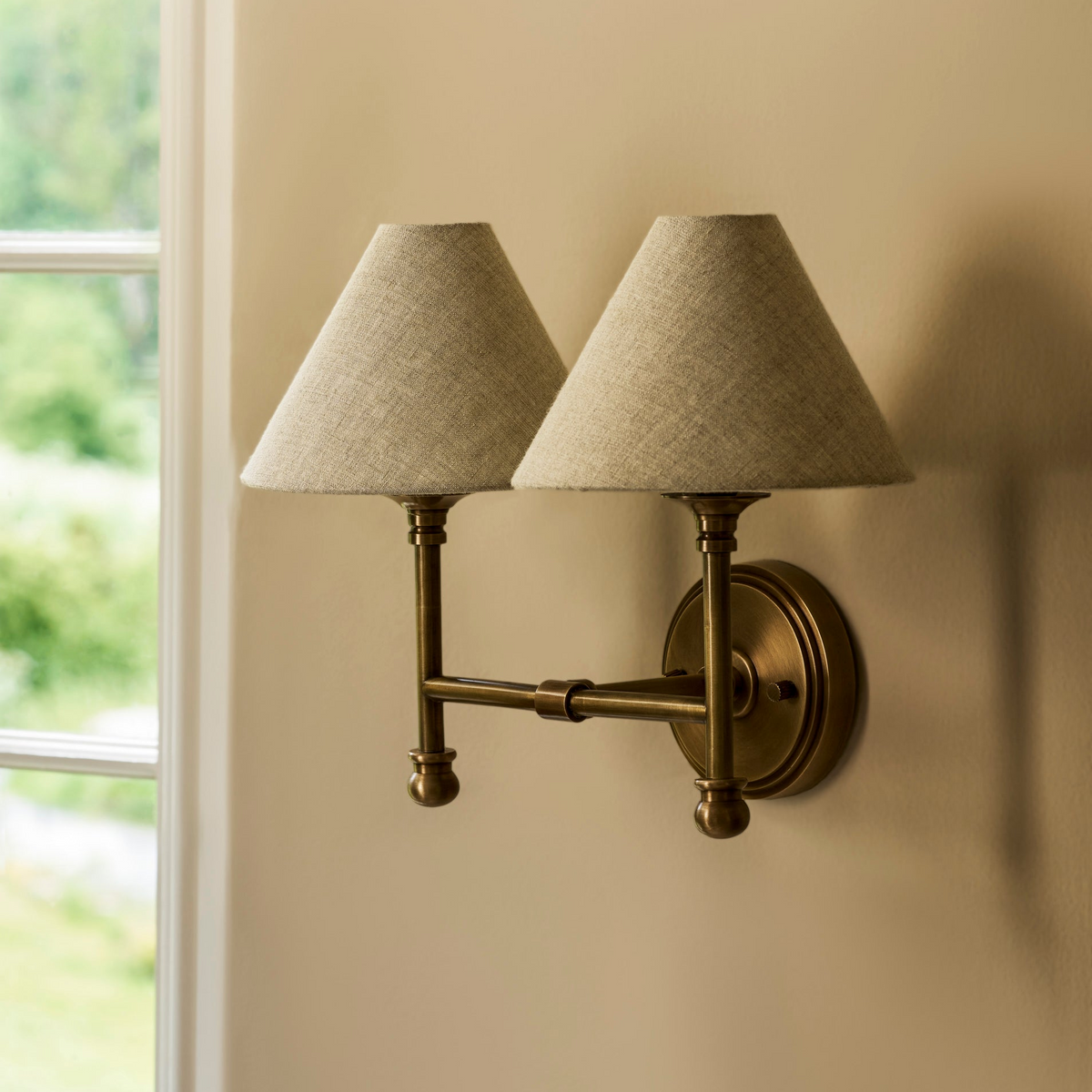 Kelmscot Wall Light - Iron & Linen, Antique Brass Finish, Double