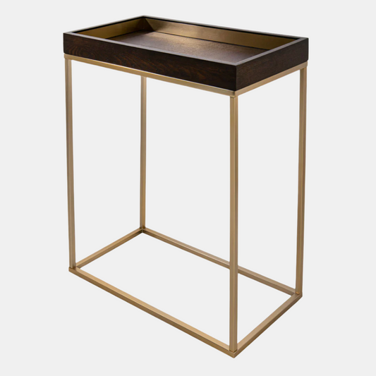 Small table with a dark brown tray top and gold metal frame on a white background