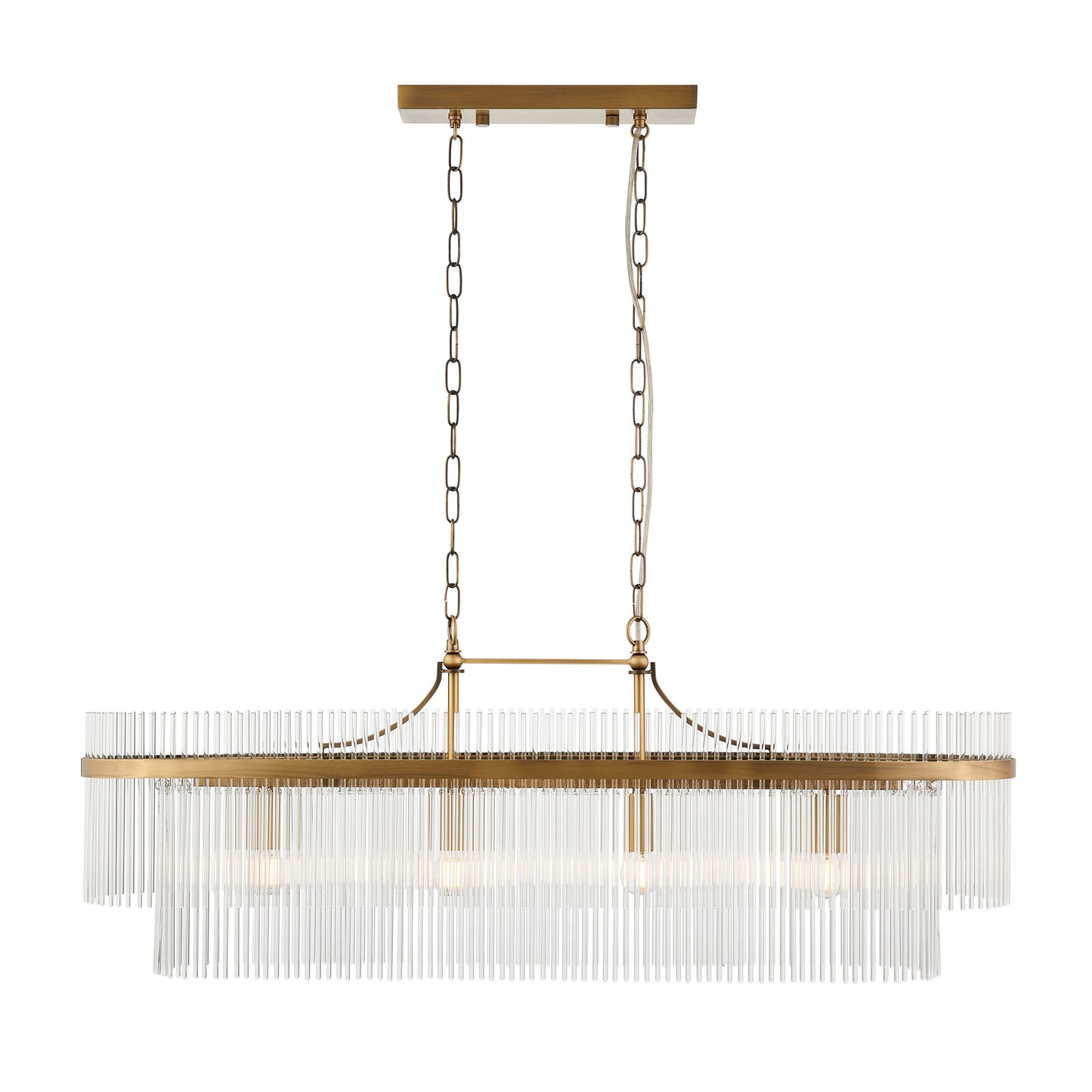 Modern chandelier with gold frame and clear glass on a white background