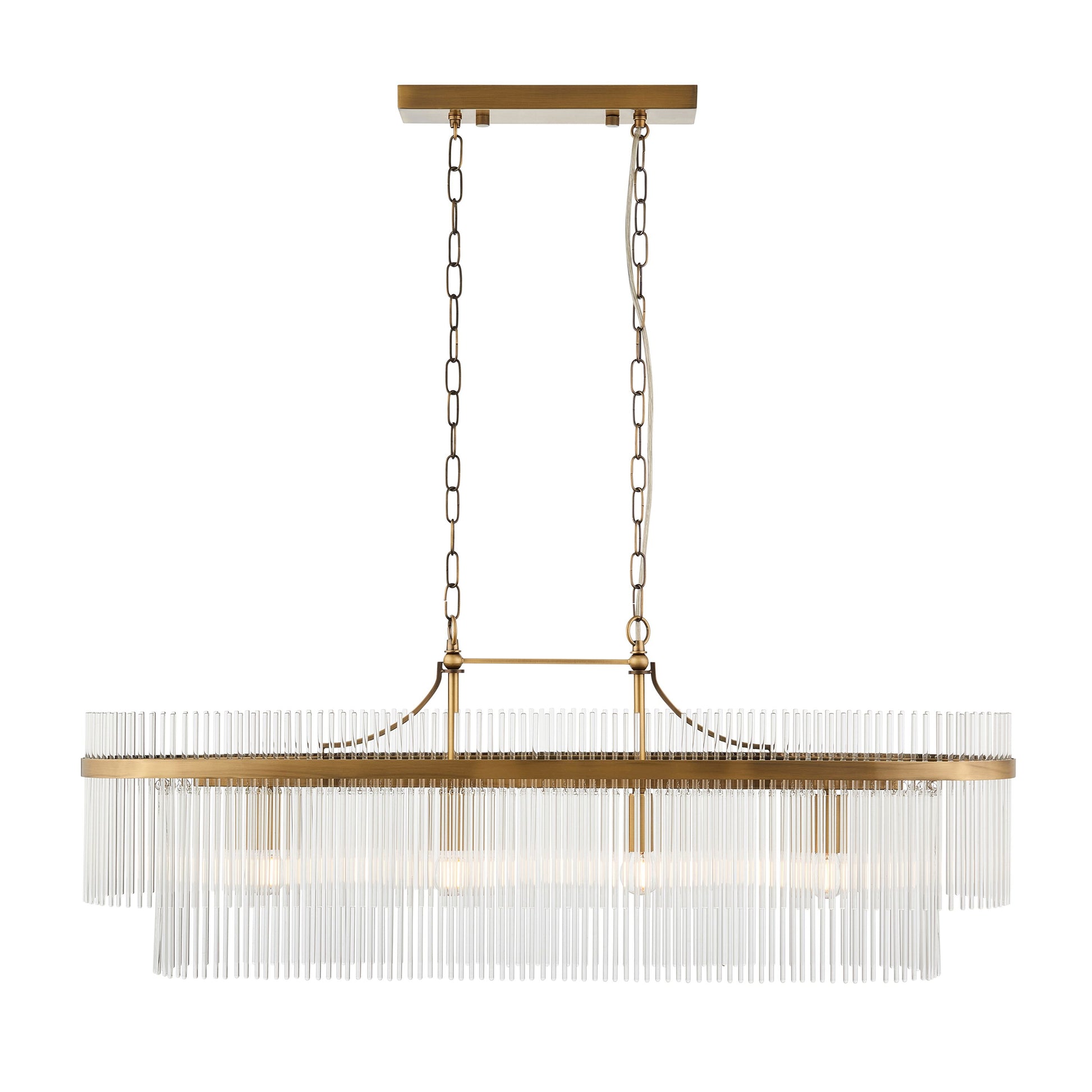 Modern chandelier with gold frame and clear glass on a white background