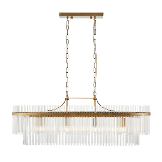 Modern chandelier with gold frame and clear glass on a white background