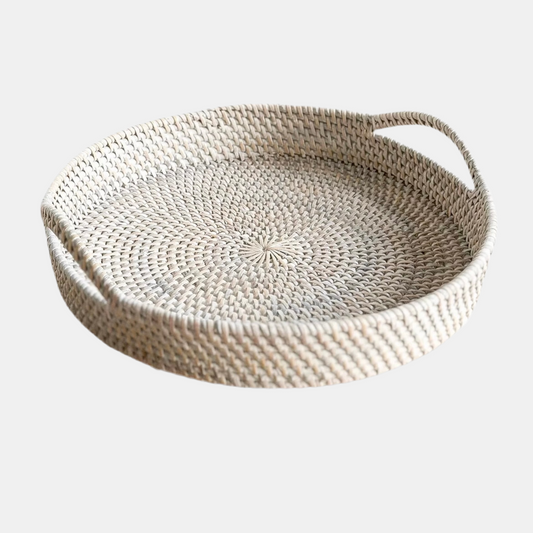 Round Whitewash Rattan Tray With Handles