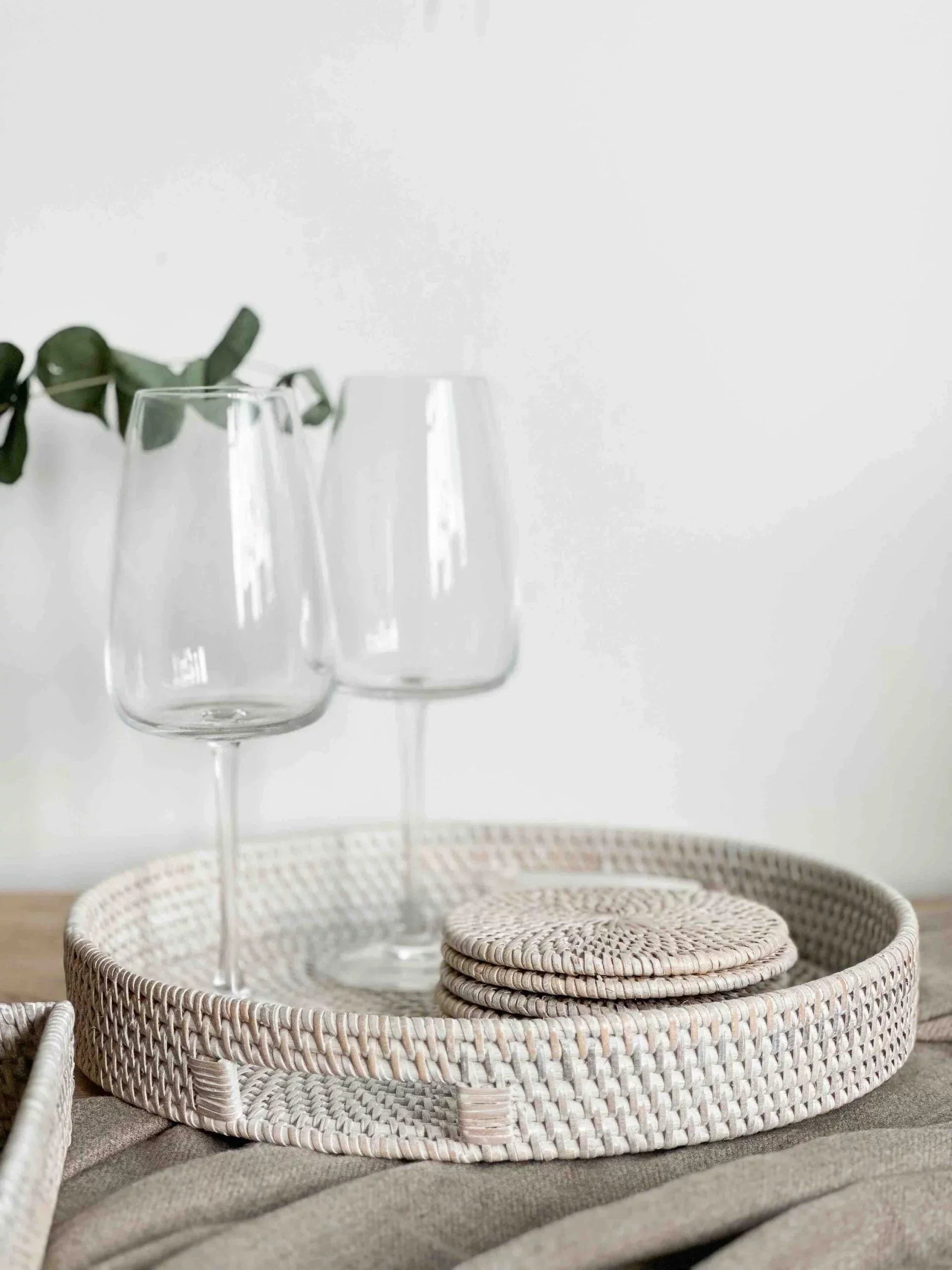 Round Whitewashed Rattan Tray