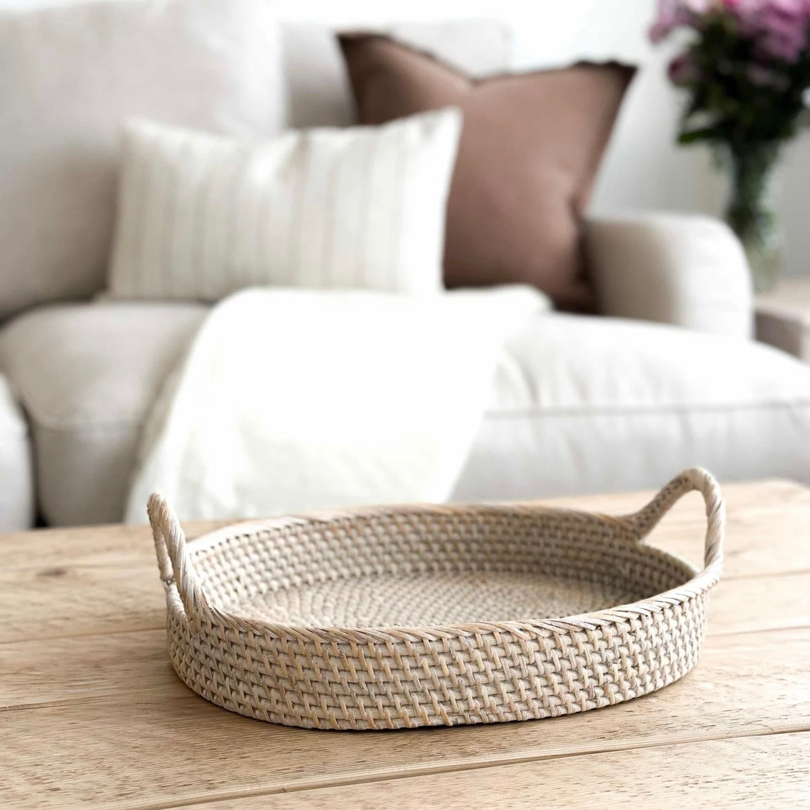 Oval Whitewashed Rattan Tray